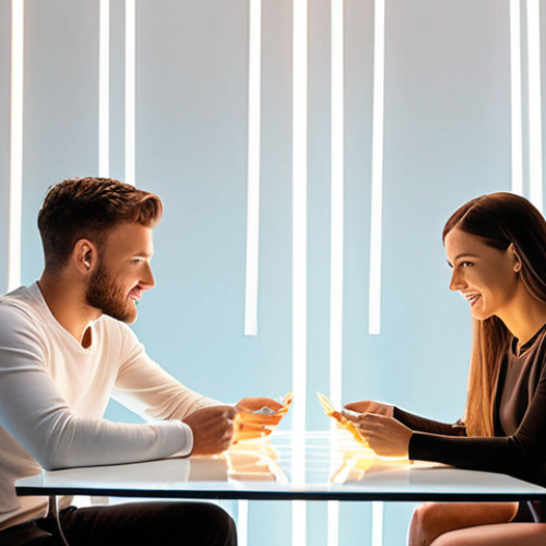 Home 7 **Prompt:** A professional influencer and a brand representative are seated at a sleek, modern table, warmly collaborating. They are surrounded by glowing, transparent digital elements, symbolizing shared information and "open cards." The atmosphere is bright, collaborative, and trusting, with soft, natural lighting. In the background, subtle brand logos are visible.