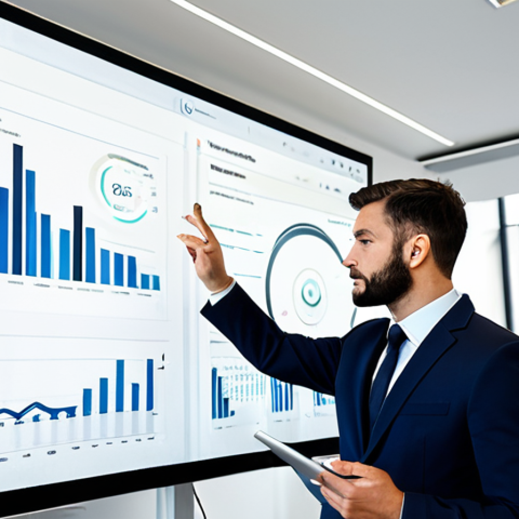 A focused professional team, consisting of a female brand manager and a male influencer, both dressed in modest business attire, collaboratively reviewing a detailed project brief on a large, sleek display in a modern, brightly lit office meeting room. One person is gesturing towards specific data points on the screen, emphasizing clear vision and precise goals, while the other is attentively taking notes on a tablet. The atmosphere is highly productive and professional. This image features perfect anatomy, correct proportions, well-formed hands, and a natural pose, ensuring it is safe for work, appropriate content, fully clothed, and family-friendly, captured with high-quality, professional photography.