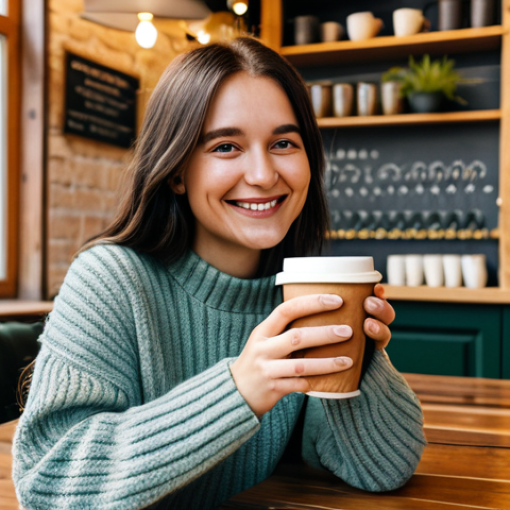 A young, authentic micro-influencer, a woman in her late 20s, with a warm smile, fully clothed in a stylish yet modest casual outfit, featuring a comfortable knit sweater and tailored trousers. She is seated at a rustic wooden table inside a cozy, sunlit artisan coffee shop in Krakow, Poland, holding a beautifully presented latte art coffee cup. Her natural pose conveys genuine engagement. The background shows blurred details of a quaint, locally-sourced interior with bookshelves and potted plants, suggesting a community hub. The scene is captured with professional photography, perfect anatomy, correct proportions, well-formed hands, natural body proportions, crisp focus, and soft, inviting lighting. safe for work, appropriate content, fully clothed, modest, family-friendly.