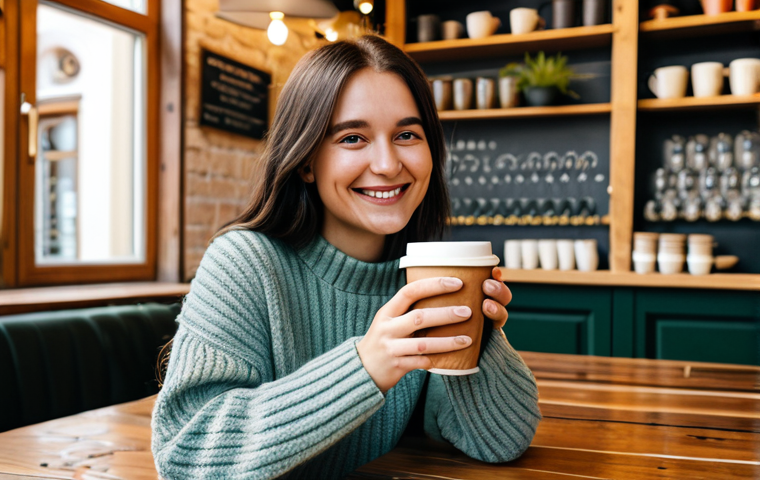 A young, authentic micro-influencer, a woman in her late 20s, with a warm smile, fully clothed in a stylish yet modest casual outfit, featuring a comfortable knit sweater and tailored trousers. She is seated at a rustic wooden table inside a cozy, sunlit artisan coffee shop in Krakow, Poland, holding a beautifully presented latte art coffee cup. Her natural pose conveys genuine engagement. The background shows blurred details of a quaint, locally-sourced interior with bookshelves and potted plants, suggesting a community hub. The scene is captured with professional photography, perfect anatomy, correct proportions, well-formed hands, natural body proportions, crisp focus, and soft, inviting lighting. safe for work, appropriate content, fully clothed, modest, family-friendly.