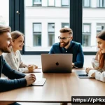 Home 19 인플루언서와의 협업을 위한 단계적 접근 방법 - A professional influencer marketing meeting scene in a modern Warsaw office, featuring a diverse gro...