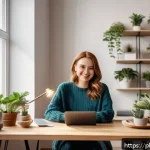 Home 23 인플루언서 협업을 통한 유저 생성 콘텐츠 촉진 - A warm and inviting social media influencer workspace scene in a modern Polish apartment, featuring ...